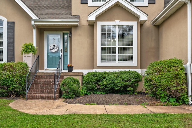 2321 Chimney Hills Dr, Soddy Daisy, TN 37379 - property entrance featuring a shingled roof and stucco siding