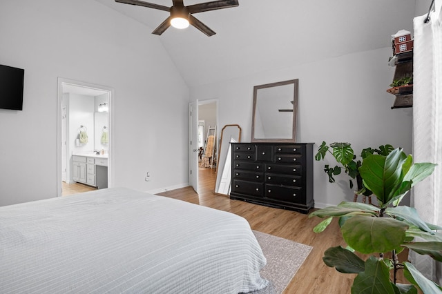 2321 Chimney Hills Dr, Soddy Daisy, TN 37379 - bedroom featuring light wood finished floors, ensuite bath, high vaulted ceiling, a ceiling fan, and baseboards