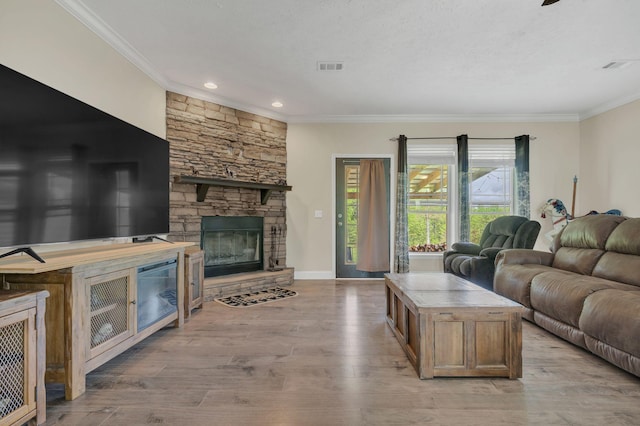 520 Young Rd, Waverly, TN 37185 - living area with light wood finished floors, a stone fireplace, visible vents, and ornamental molding
