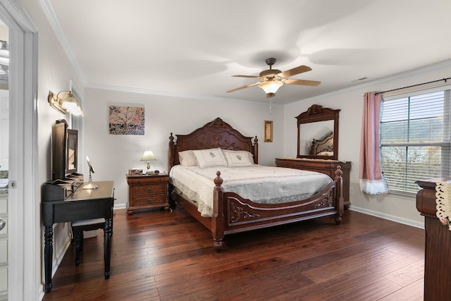 bedroom featuring crown molding, baseboards, ceiling fan, and dark wood-style floors