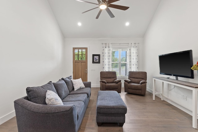 living area featuring high vaulted ceiling, baseboards, a ceiling fan, and recessed lighting