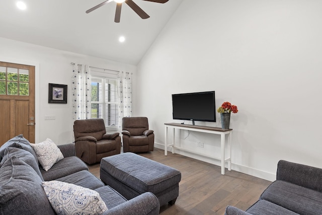 living room with wood finished floors, recessed lighting, a ceiling fan, and a healthy amount of sunlight