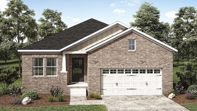 view of front facade with concrete driveway, brick siding, and board and batten siding