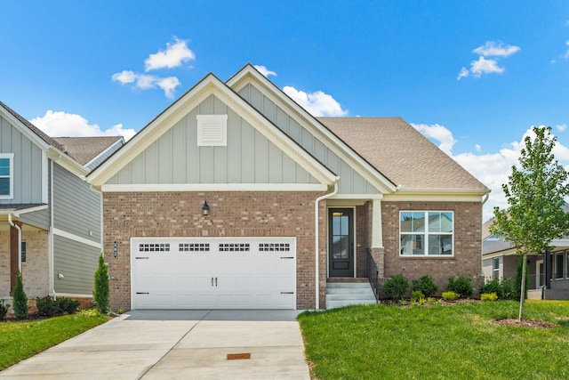 craftsman inspired home featuring concrete driveway, a front lawn, brick siding, and board and batten siding