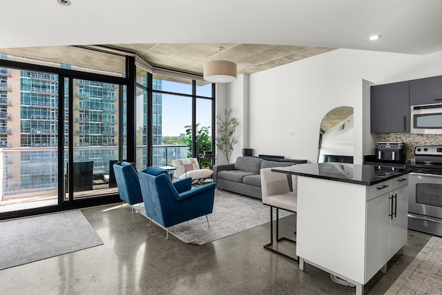 interior space with concrete floors and a wall of windows