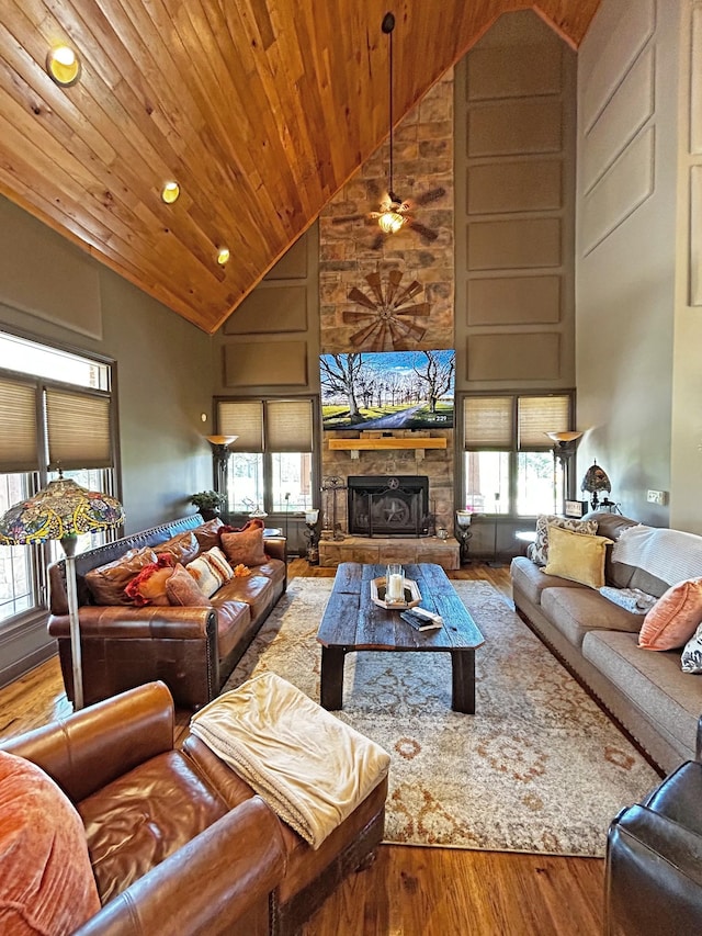 110 Giles Ln, Gallatin, TN 37066 - living room featuring a fireplace, wood ceiling, recessed lighting, wood finished floors, and high vaulted ceiling
