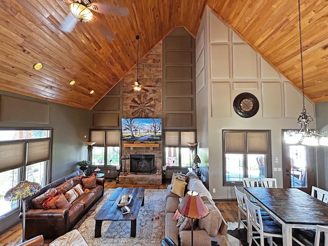 110 Giles Ln, Gallatin, TN 37066 - living area featuring wooden ceiling, a stone fireplace, ceiling fan, wood finished floors, and high vaulted ceiling