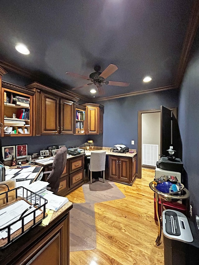 110 Giles Ln, Gallatin, TN 37066 - office with light wood-type flooring, built in study area, a ceiling fan, and visible vents