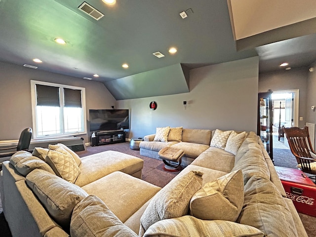 110 Giles Ln, Gallatin, TN 37066 - carpeted living room featuring visible vents, recessed lighting, and vaulted ceiling