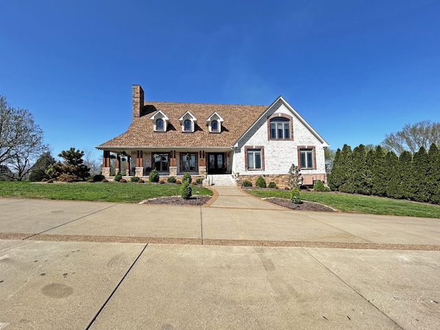 110 Giles Ln, Gallatin, TN 37066 - view of front of property with a porch, stone siding, a chimney, and a front lawn