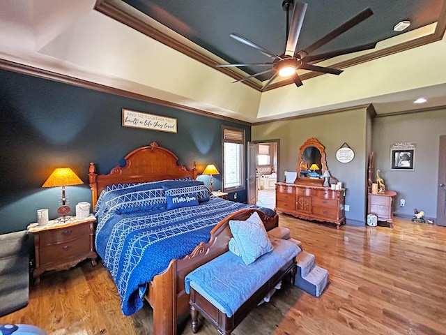 110 Giles Ln, Gallatin, TN 37066 - bedroom with crown molding, ceiling fan, a raised ceiling, and wood finished floors