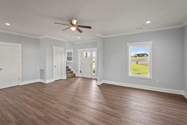 unfurnished living room featuring ceiling fan, recessed lighting, baseboards, and dark wood finished floors