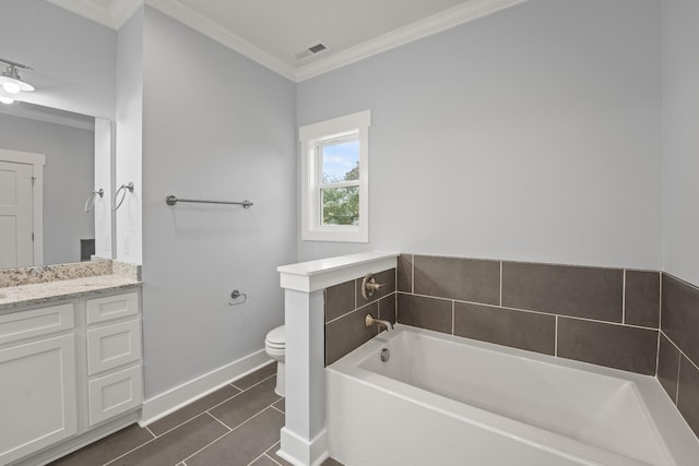 full bath featuring vanity, baseboards, tile patterned flooring, toilet, and a bath