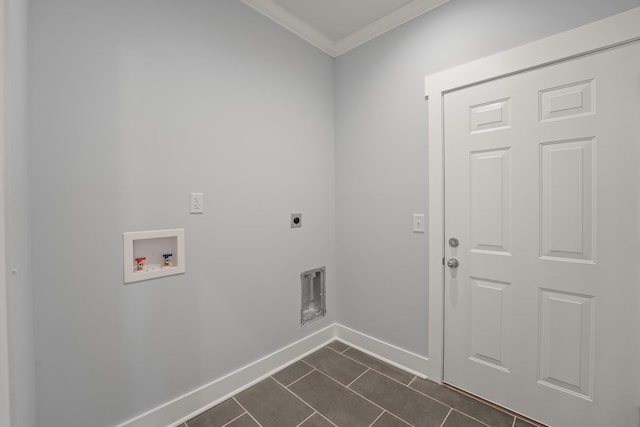 laundry room with electric dryer hookup, baseboards, crown molding, washer hookup, and laundry area