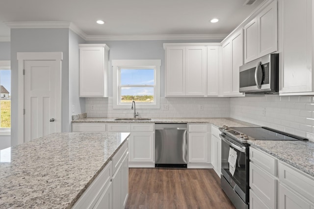 kitchen with white cabinetry, ornamental molding, appliances with stainless steel finishes, a sink, and plenty of natural light