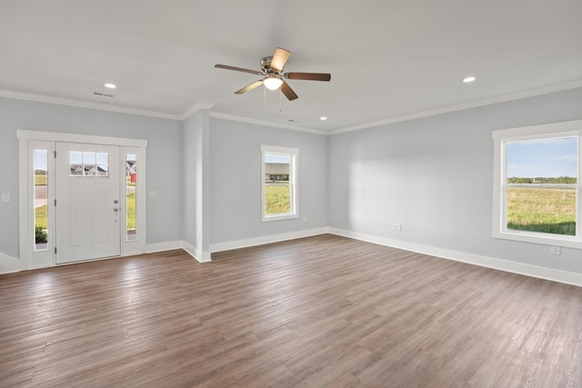 entryway featuring recessed lighting, plenty of natural light, and a ceiling fan