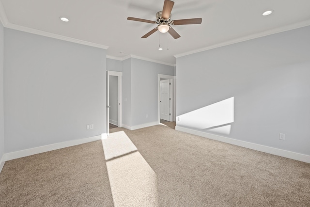 empty room with recessed lighting, carpet, ornamental molding, and ceiling fan