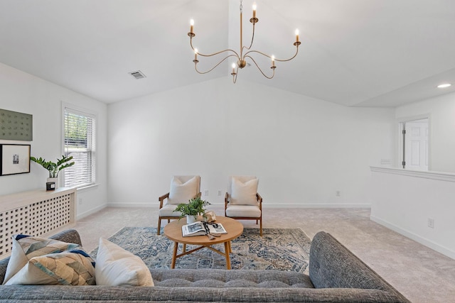 sitting room featuring visible vents, baseboards, a chandelier, light carpet, and lofted ceiling
