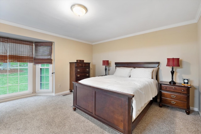 bedroom with light carpet, baseboards, and ornamental molding