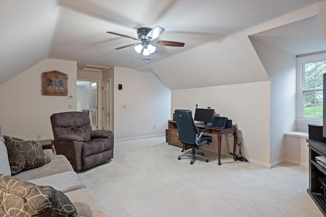 home office with baseboards, a ceiling fan, carpet, and lofted ceiling