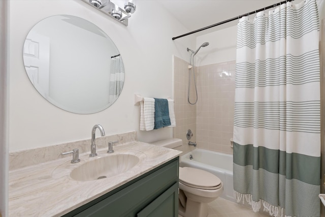 bathroom with shower / tub combo, toilet, vanity, and tile patterned flooring