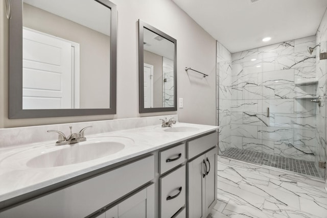 51 Gratton Ests, Clarksville, TN 37043 - full bathroom with marble look tile flooring, a marble finish shower, double vanity, and recessed lighting