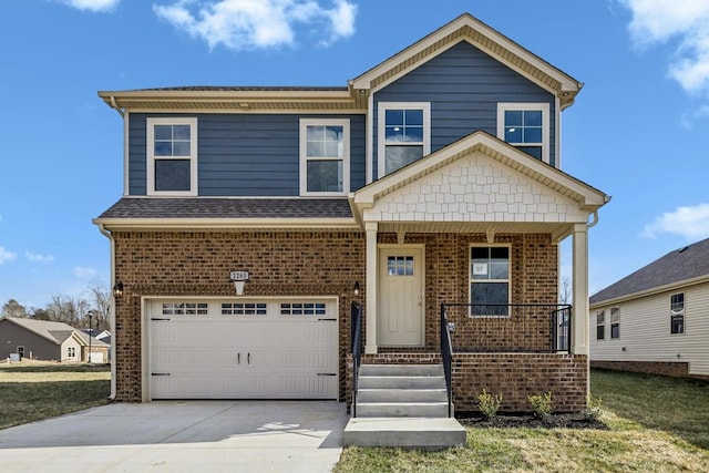 48 Gratton Ests, Clarksville, TN 37043 - view of front of house with a garage, a porch, brick siding, a shingled roof, and concrete driveway