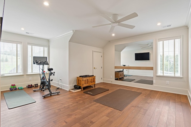 4535 Peytonsville Rd, Franklin, TN 37064 - exercise area featuring baseboards, plenty of natural light, visible vents, ceiling fan, and wood-type flooring
