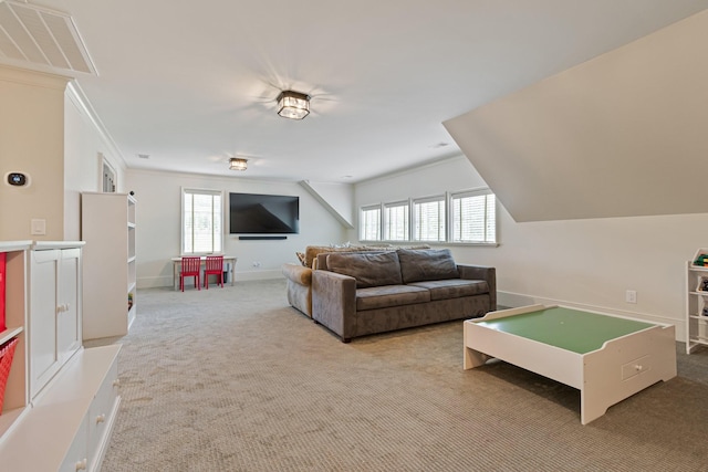 4535 Peytonsville Rd, Franklin, TN 37064 - living area with ornamental molding, visible vents, carpet flooring, and a healthy amount of sunlight
