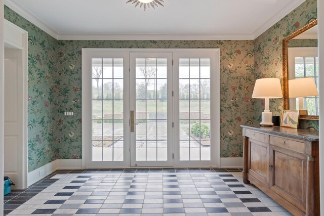 4535 Peytonsville Rd, Franklin, TN 37064 - doorway to outside with a wealth of natural light, baseboards, ornamental molding, and wallpapered walls