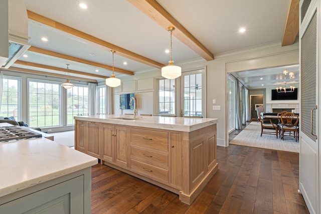 4535 Peytonsville Rd, Franklin, TN 37064 - kitchen featuring a sink, beamed ceiling, light brown cabinets, and dark wood-type flooring