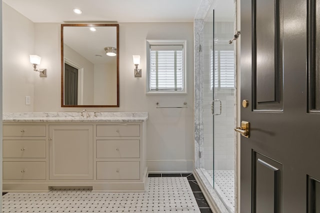 4535 Peytonsville Rd, Franklin, TN 37064 - full bath featuring baseboards, recessed lighting, vanity, tile patterned flooring, and a stall shower