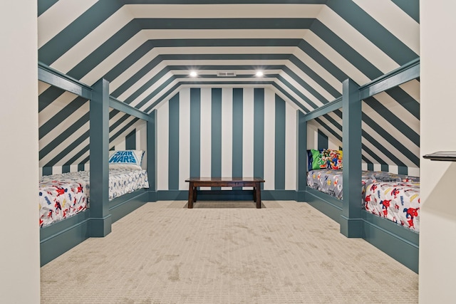 4535 Peytonsville Rd, Franklin, TN 37064 - unfurnished bedroom featuring wallpapered walls, lofted ceiling, and carpet