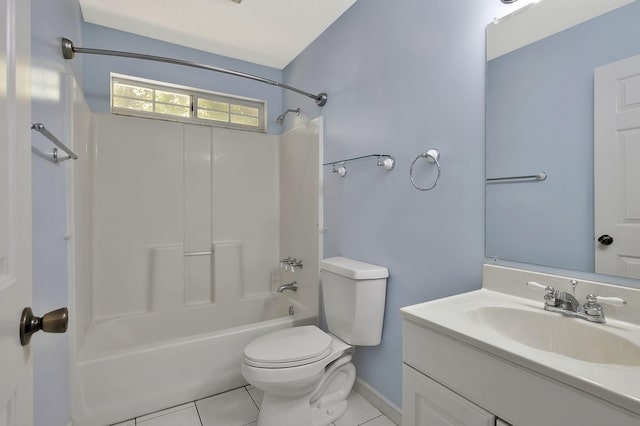 full bathroom featuring vanity, baseboards, tile patterned floors, shower / tub combination, and toilet