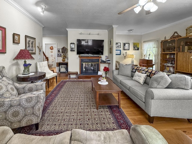 living room featuring crown molding, wood finished floors, ceiling fan, and a textured ceiling