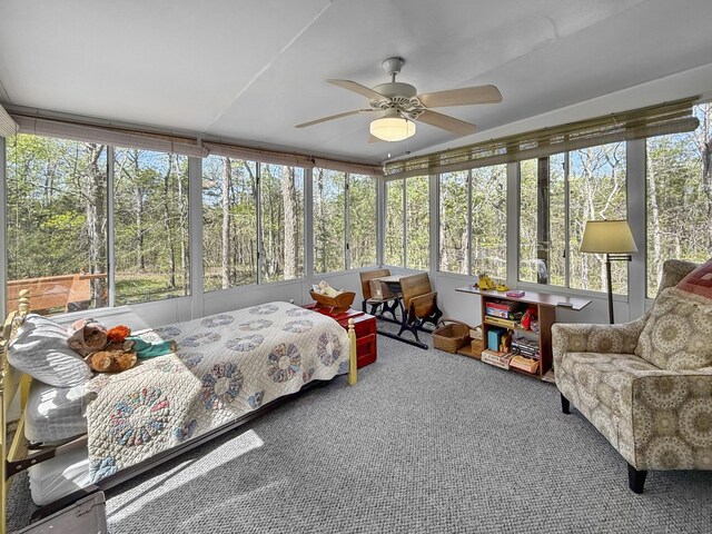 carpeted bedroom with multiple windows and ceiling fan