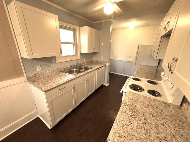 7459 Horn Tavern Rd, Fairview, TN 37062 - kitchen with dark wood finished floors, white appliances, a textured ceiling, a ceiling fan, and a sink