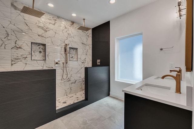 418 Mercomatic Dr, Nashville, TN 37209 - bathroom with recessed lighting, a marble finish shower, and double vanity