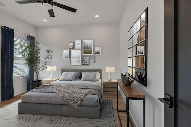418 Mercomatic Dr, Nashville, TN 37209 - bedroom with wood finished floors, baseboards, recessed lighting, and a ceiling fan