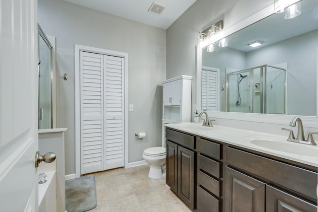 full bathroom with a shower stall, visible vents, a sink, and a closet