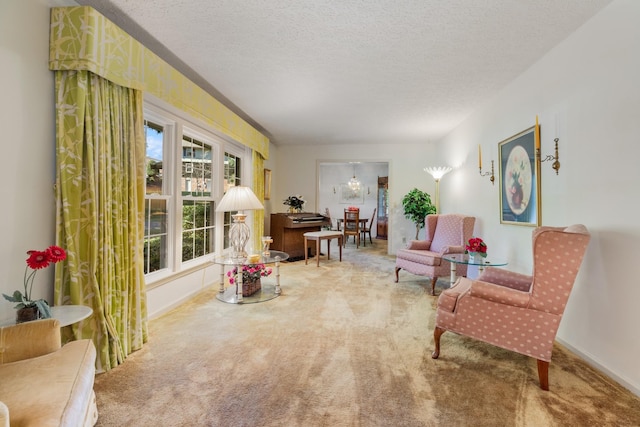 sitting room featuring carpet floors, a textured ceiling, and baseboards