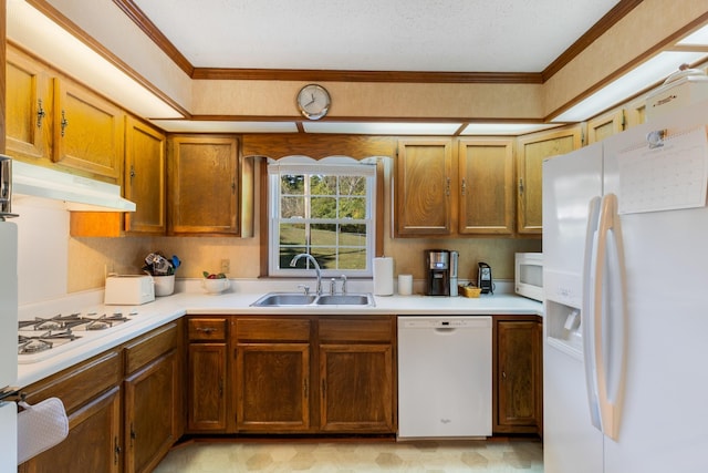 kitchen with under cabinet range hood, light countertops, ornamental molding, a sink, and white appliances