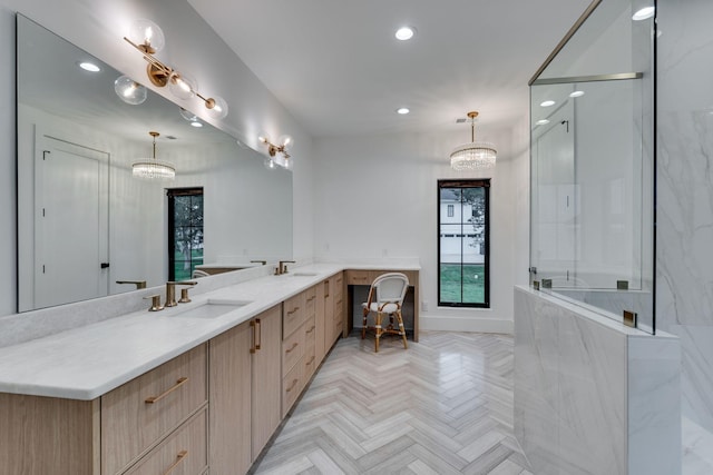 full bath featuring recessed lighting, double vanity, a shower with door, and a sink