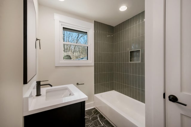 931 Downey Dr, Nashville, TN 37205 - bathroom featuring marble finish floor, vanity, shower / bath combination, and recessed lighting