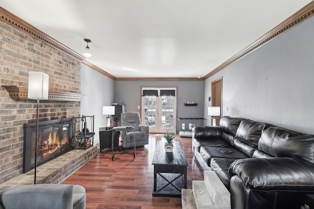 living room featuring wood finished floors, a fireplace, and crown molding