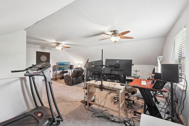 interior space featuring lofted ceiling and a ceiling fan