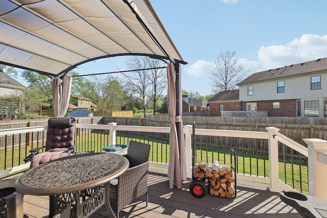 deck with a lawn and a fenced backyard