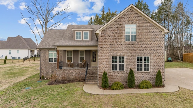craftsman house with a front lawn, brick siding, a shingled roof, and covered porch