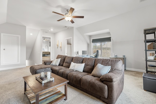 living room featuring a ceiling fan, recessed lighting, vaulted ceiling, and light colored carpet
