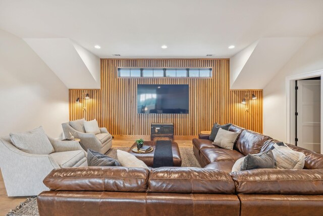 6490 Peytonsville Arno Rd, College Grove, TN 37046 - living room with wooden walls, wood finished floors, and recessed lighting